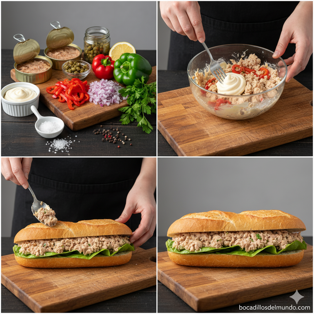 Preparación de un bocadillo de atún
