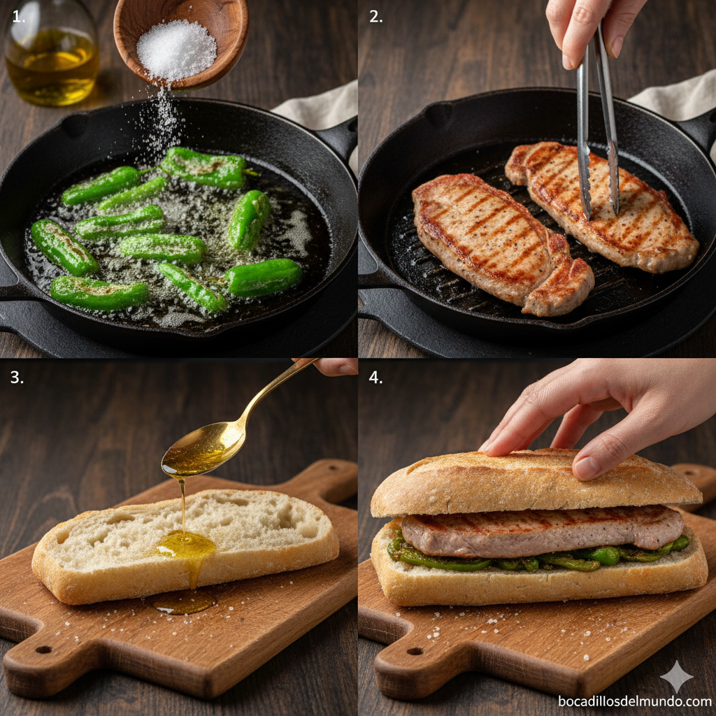 Preparación de un bocadillo de lomo con pimientos