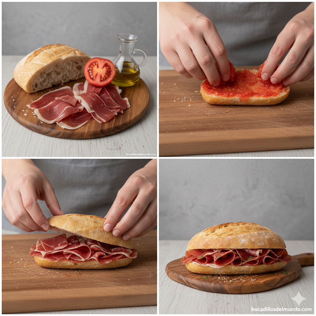 Preparación bocadillo de jamón serrano con tomate